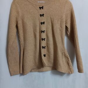 Nanette Lepore Camel Ribbed Cardigan with Butterfly Buttons